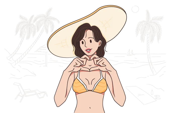 Mujer disfrutando del verano en la playa  Ilustración