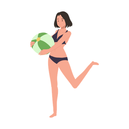 Mujer disfrutando del juego de pelota de playa  Ilustración
