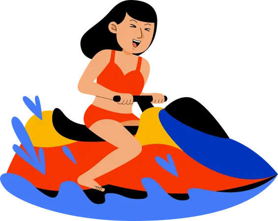 Mujer disfrutando de montar en moto acuática en la playa  Ilustración