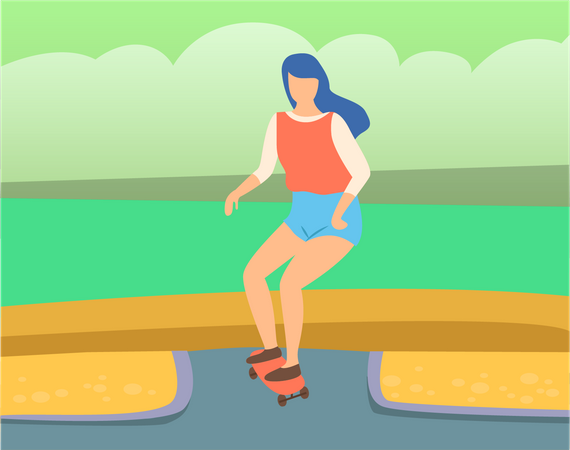 Mujer disfrutando andar en patineta en el parque  Ilustración