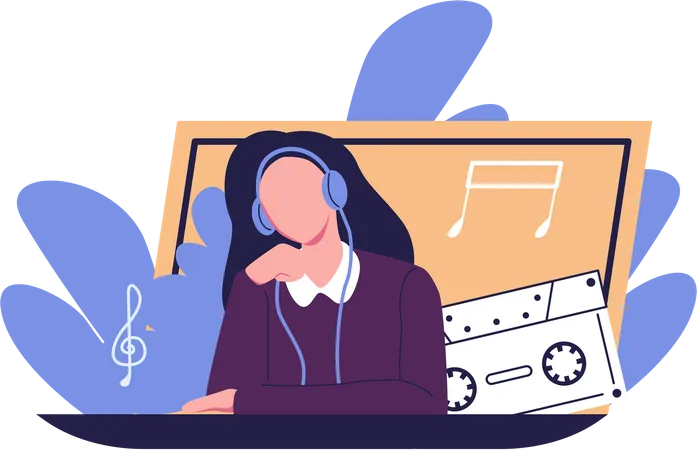 Mujer Joven Descansando En Auriculares Disfrutando De Sonidos Relajantes Ilustración