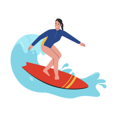 Mujer disfrutando del surf  Ilustración