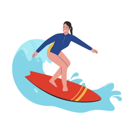 Mujer disfrutando del surf  Ilustración