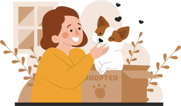 Mujer divirtiéndose después de adoptar un animal  Ilustración