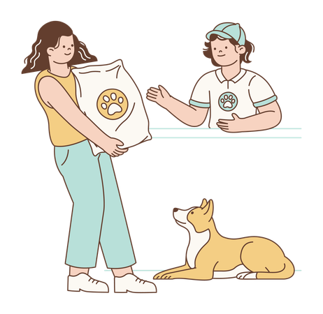 Mujer donando comida para perros a un refugio de animales como acto de caridad  Ilustración