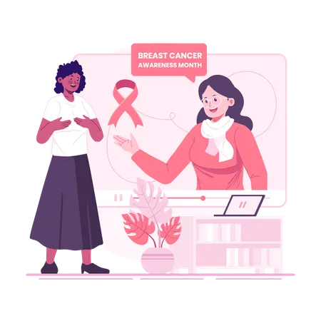 Mujer dando concientización sobre el cáncer de mama en línea  Ilustración