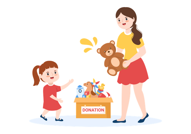 Mujer donando juguetes para niños  Ilustración