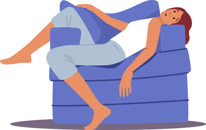 Mujer dormida cansada acostada en un sillón  Ilustración