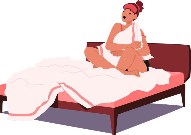 Mujer agotada sentada en la cama  Ilustración