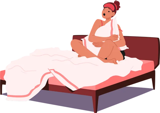 Mujer agotada sentada en la cama  Ilustración