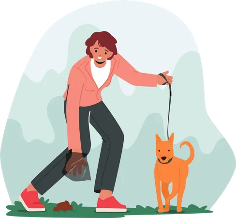 Mujer dueña de una mascota recogiendo caca de perro en una bolsa de plástico en la calle  Ilustración