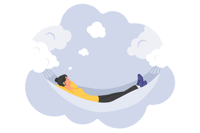 Mujer duerme en una hamaca suspendida sobre las nubes teniendo buenos sueños y llenándose de energía  Ilustración