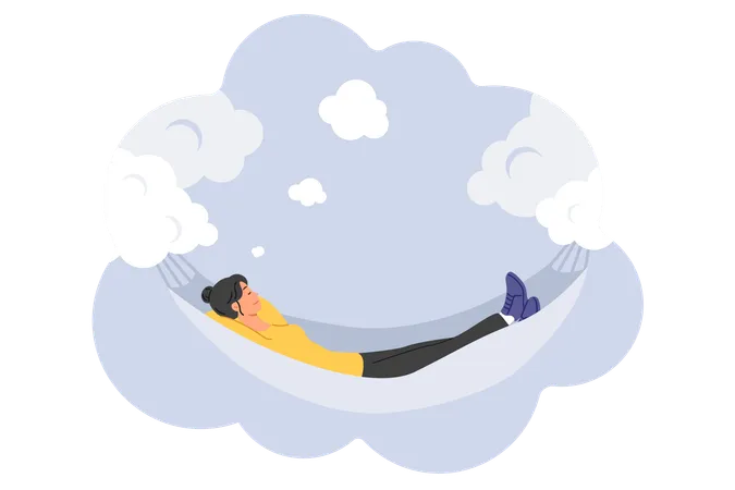Mujer duerme en una hamaca suspendida sobre las nubes teniendo buenos sueños y llenándose de energía  Ilustración