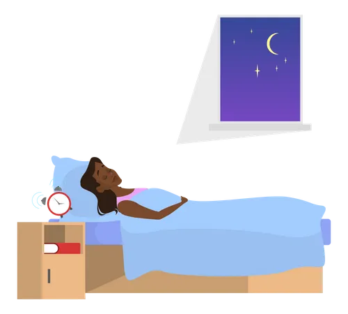 La mujer duerme en la cama por la noche  Ilustración