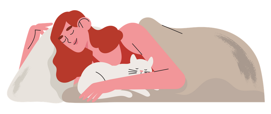 Mujer duerme en su cama con gato  Ilustración