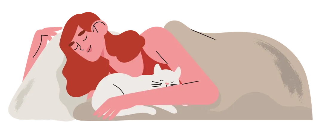 Mujer duerme en su cama con gato  Ilustración