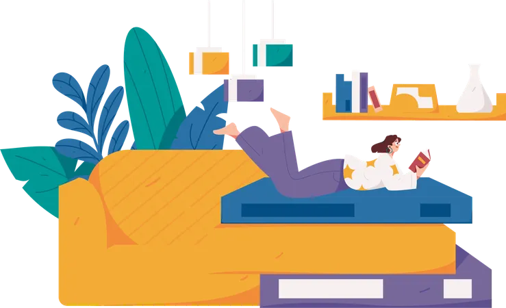 Mujer durmiendo en la cama mientras lee un libro  Ilustración