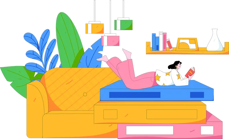 Mujer durmiendo en la cama mientras lee un libro  Ilustración