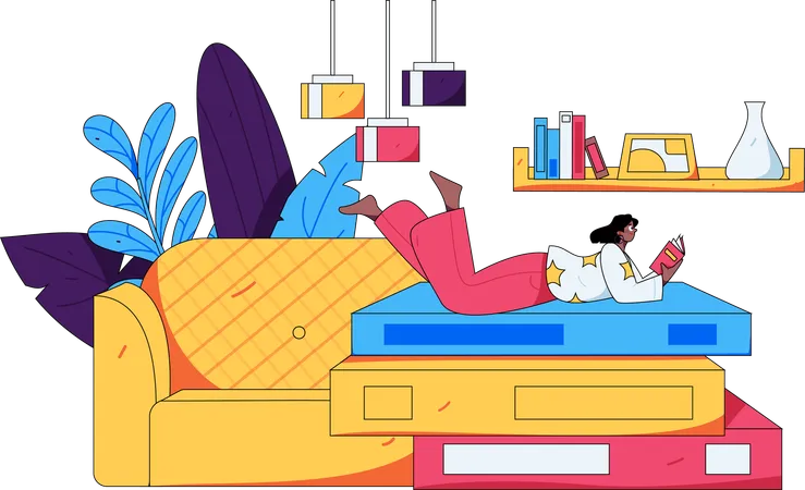 Mujer durmiendo en la cama mientras lee un libro  Ilustración