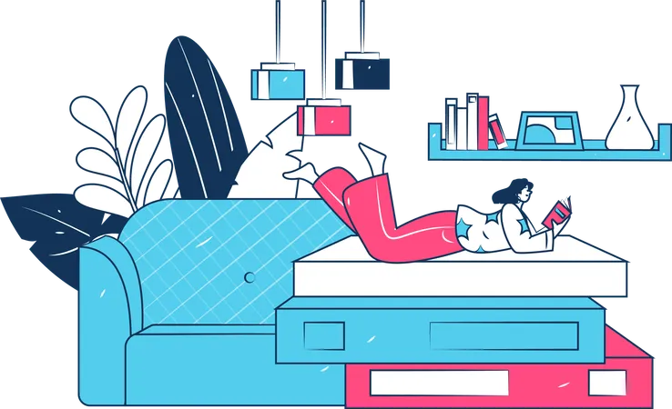 Mujer durmiendo en la cama mientras lee un libro  Ilustración