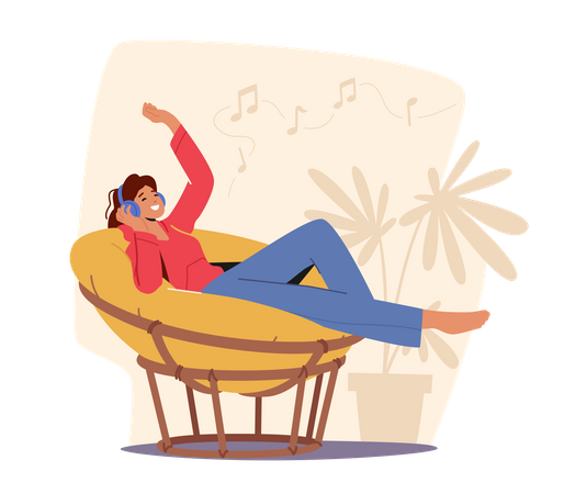 Mujer durmiendo en un sillón y disfrutando de la música  Ilustración