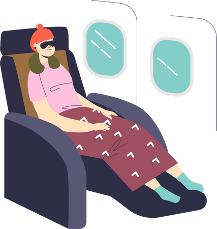 Mujer durmiendo mientras viaja en avión  Ilustración