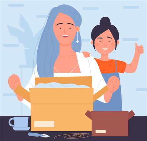 Mujer e hija abriendo paquete  Illustration