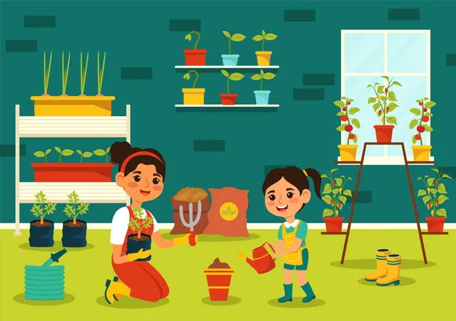 Mujer e hija cuidando la planta de la casa.  Ilustración