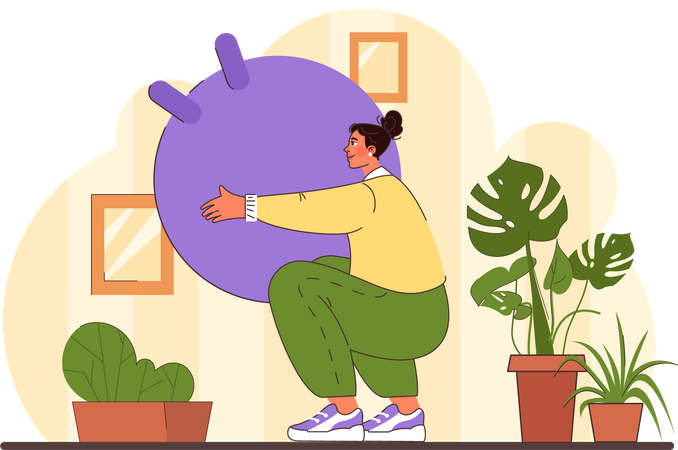 La mujer hace ejercicios con la ayuda de una pelota de gimnasia.  Ilustración