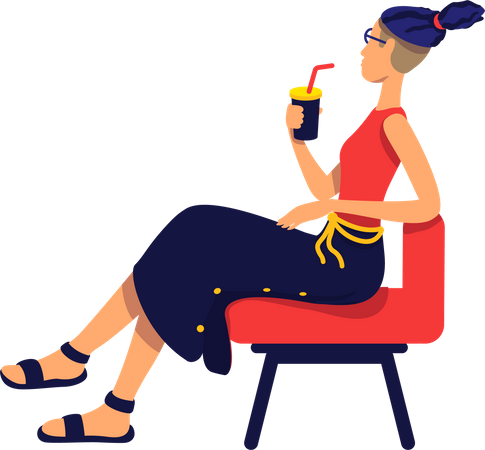 Mujer elegante con cóctel sentado en una silla  Ilustración