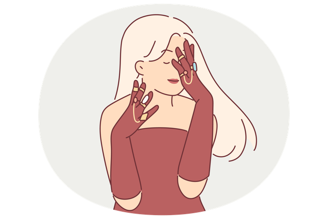 Mujer elegante luce anillos de oro y joyas con piedras preciosas  Ilustración