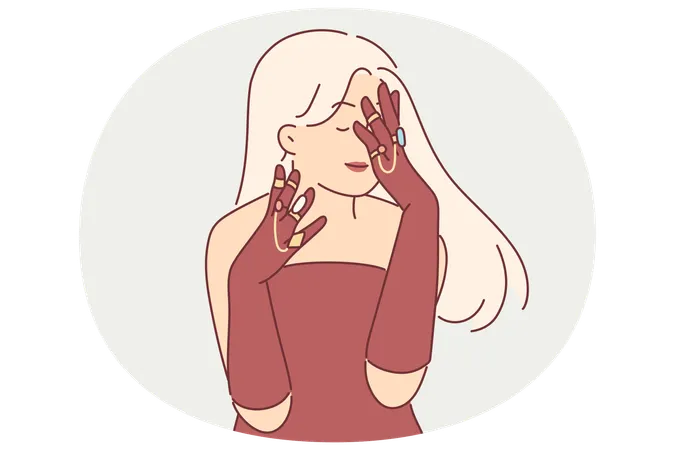 Mujer elegante luce anillos de oro y joyas con piedras preciosas  Ilustración