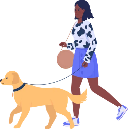 Mujer elegante paseando a un perro en la calle  Ilustración