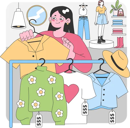 Mujer eligiendo camiseta en la tienda  Ilustración