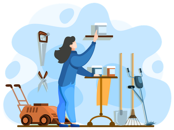Mujer eligiendo herramientas de jardín  Ilustración
