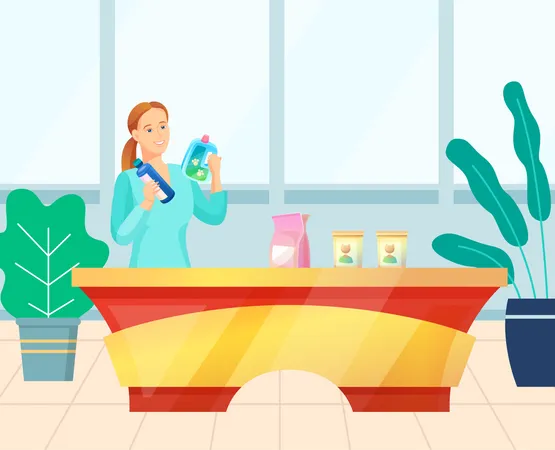 Mujer eligiendo productos químicos domésticos para la limpieza  Ilustración