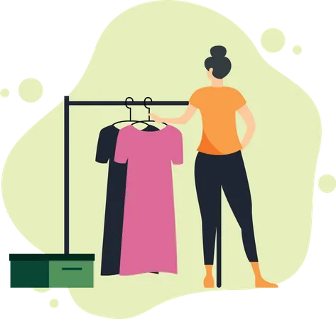 Mujer eligiendo ropa en la tienda.  Ilustración
