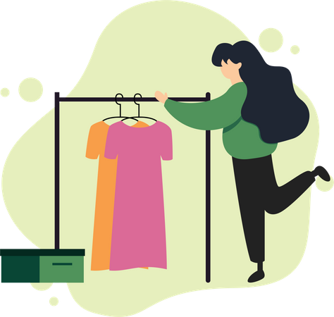 Mujer eligiendo ropa en la tienda.  Ilustración