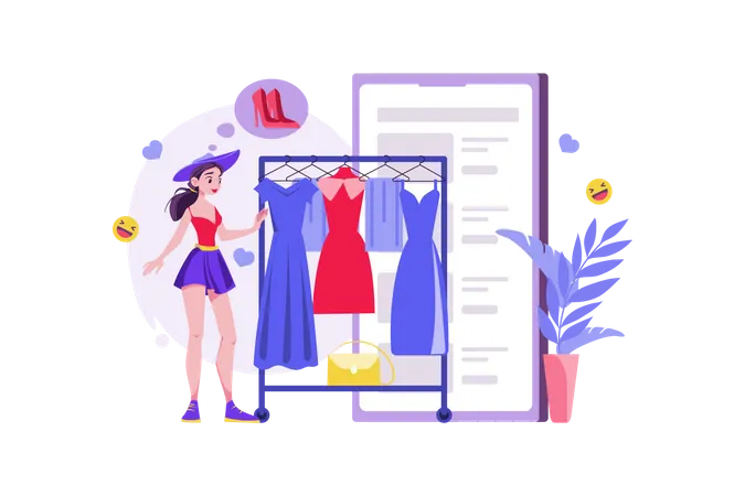 Mujer eligiendo ropa en la tienda online  Ilustración