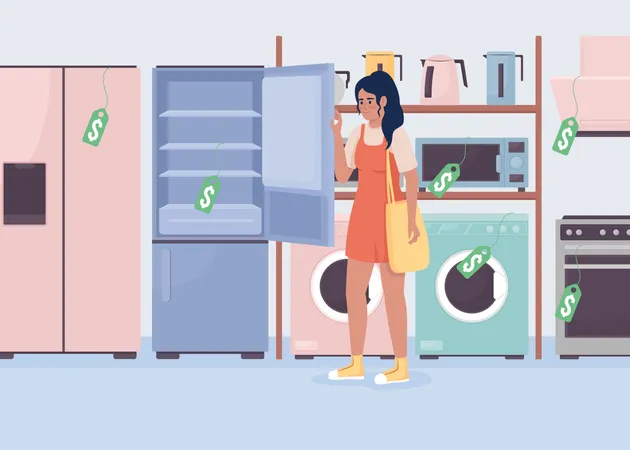 Mujer elige refrigerador  Ilustración