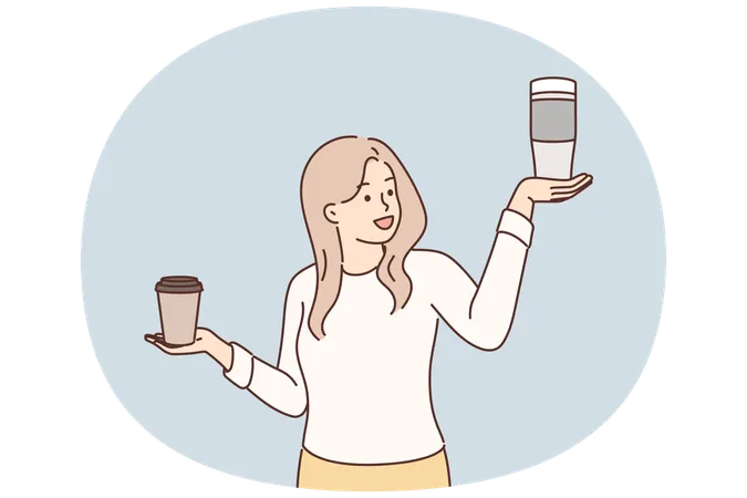 Mujer eligiendo entre un termo reutilizable para té y un vaso de papel desechable para café para llevar  Ilustración