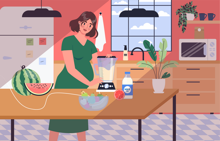 Mujer embarazada cocinando en la cocina  Ilustración