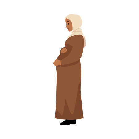Una mujer embarazada con hijab se toca suavemente el vientre.  Ilustración
