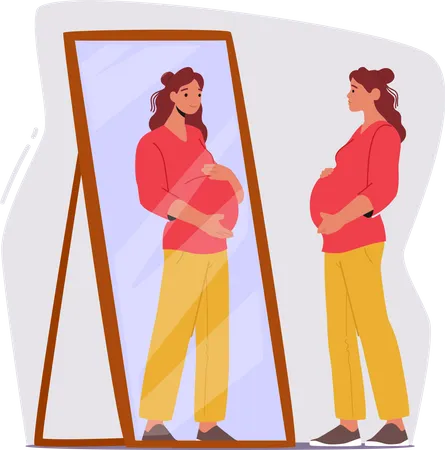 Mujer embarazada con las manos en el vientre se mira en el espejo  Ilustración