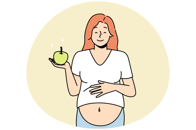 Mujer embarazada con manzana recomienda dieta saludable  Ilustración