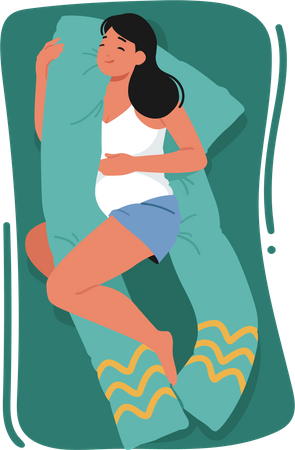 Mujer embarazada durmiendo con una almohada especialmente diseñada que se adapta a la forma de la panza del bebé para mayor comodidad  Ilustración