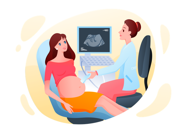 Mujer embarazada en el hospital para ecografía  Ilustración