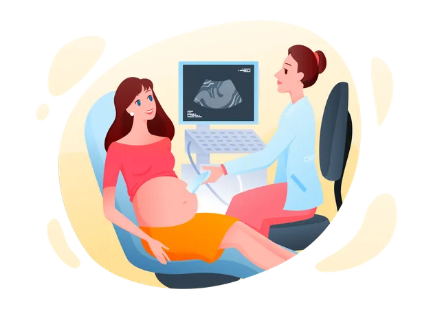 Mujer embarazada en el hospital para ecografía  Ilustración