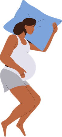 Feliz mujer embarazada durmiendo sobre una almohada soñando con un futuro parto y descansando por la noche  Ilustración