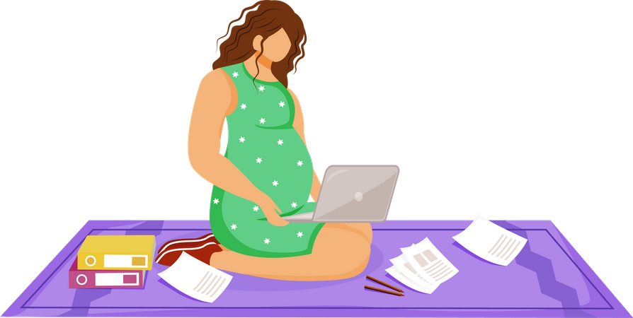 Mujer independiente embarazada con computadora portátil haciendo su trabajo  Ilustración